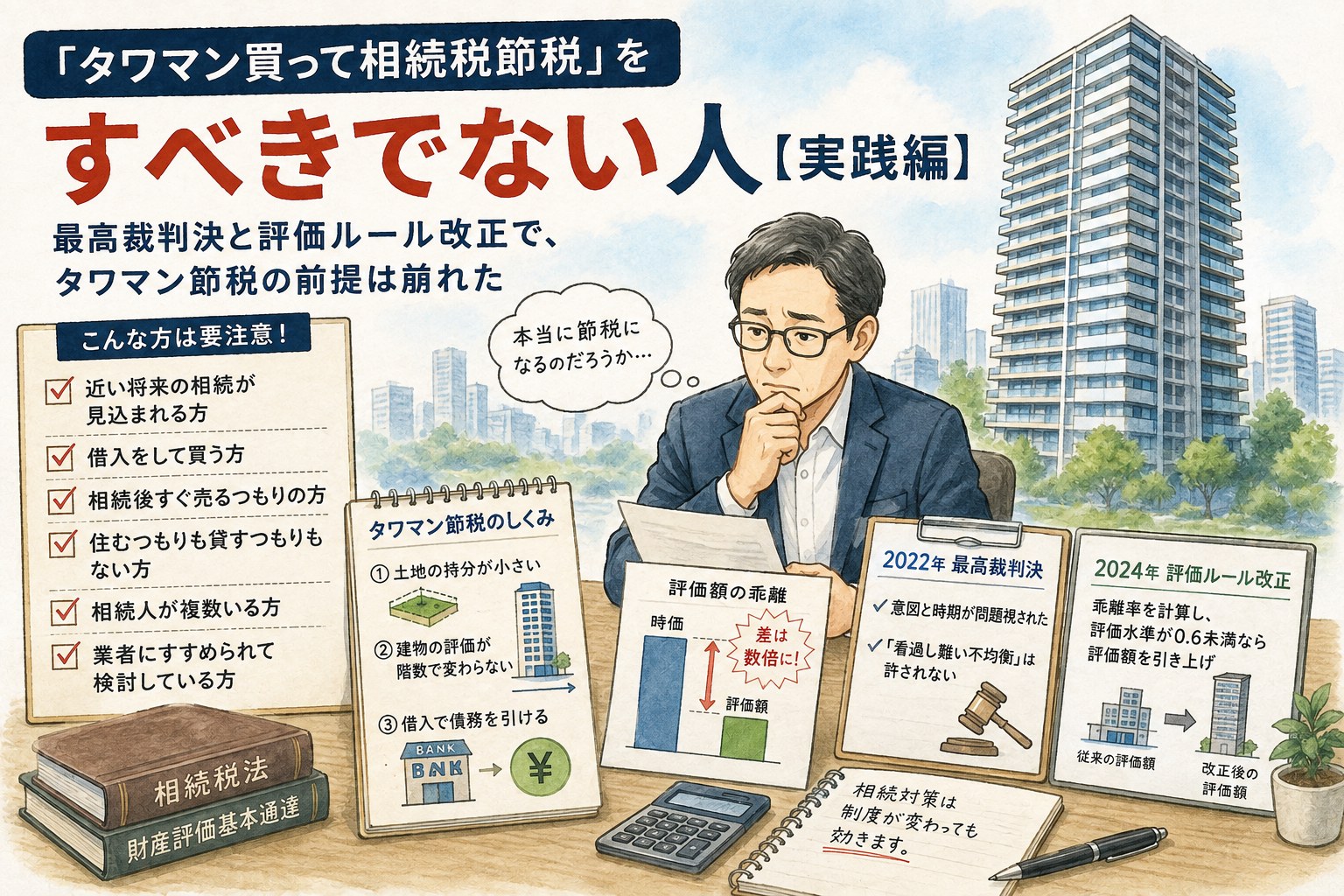 タワーマンションと、タワマン節税のしくみ・2022年最高裁判決・2024年評価ルール改正をまとめた資料を前に考える税理士