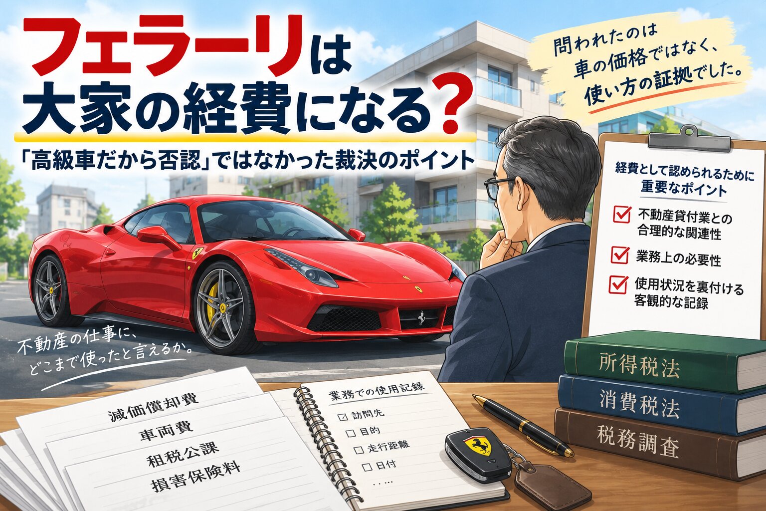 赤い高級車と賃貸マンション、経費書類を描いたイラスト